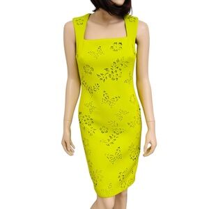 NWT Badgley Mischka Yellow Perforated Neoprene Laser Sheath Dress Size 8